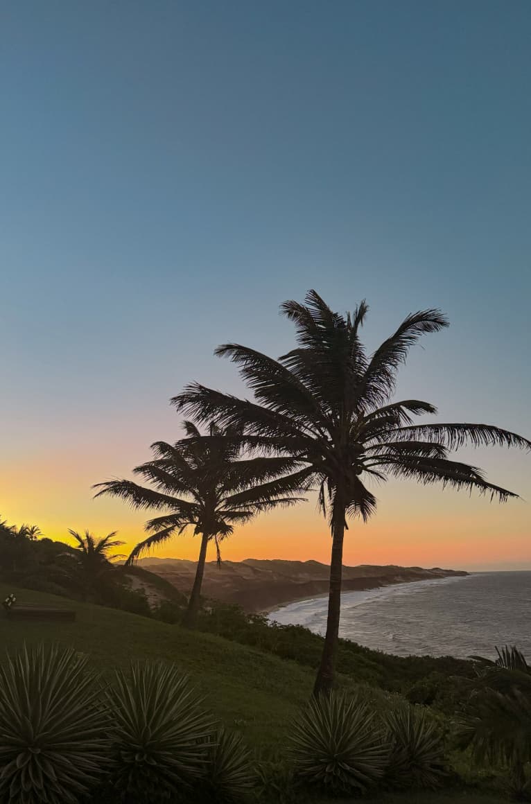 Palmeiras em silhueta ao pôr do sol com vista panorâmica da costa de Sibaúma e o Kilombo Villas